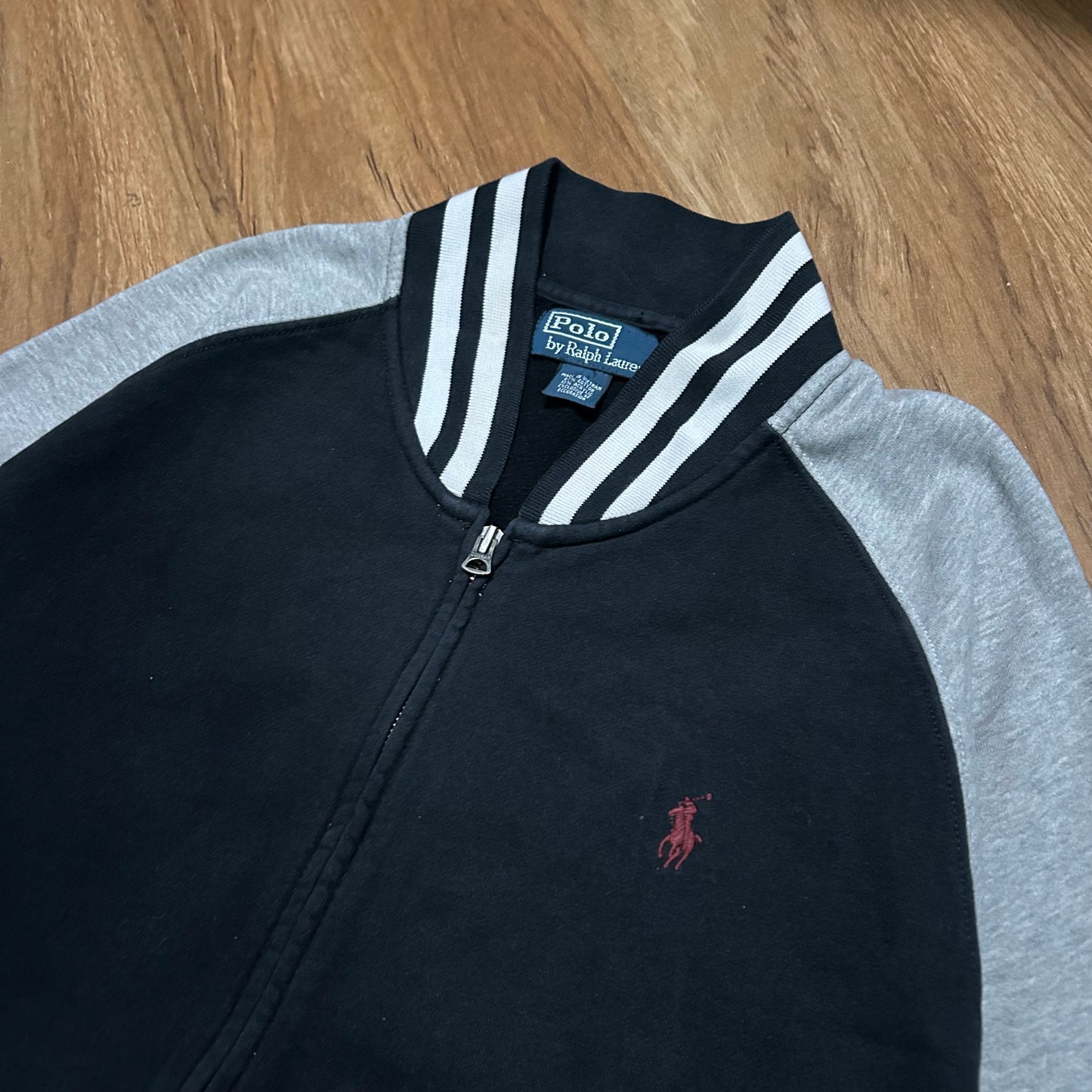 (XL) Vintage 90s Polo Ralph Lauren Black Grey Bomber Zip-Up Jacket