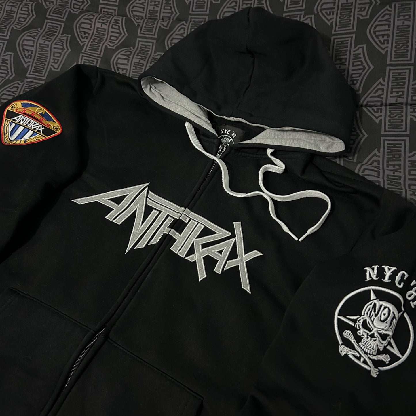 (L) Anthrax NYC 81' Embroidered Full Zip Black Hoodie