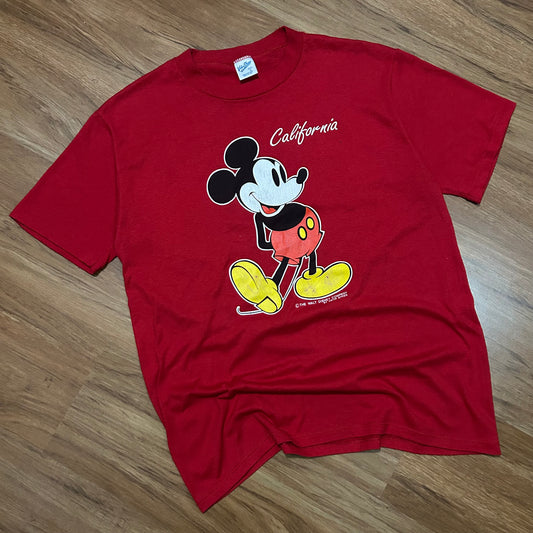 (L) Vintage 90s Single Stitch Disneyland California Mickey Mouse Red T-Shirt