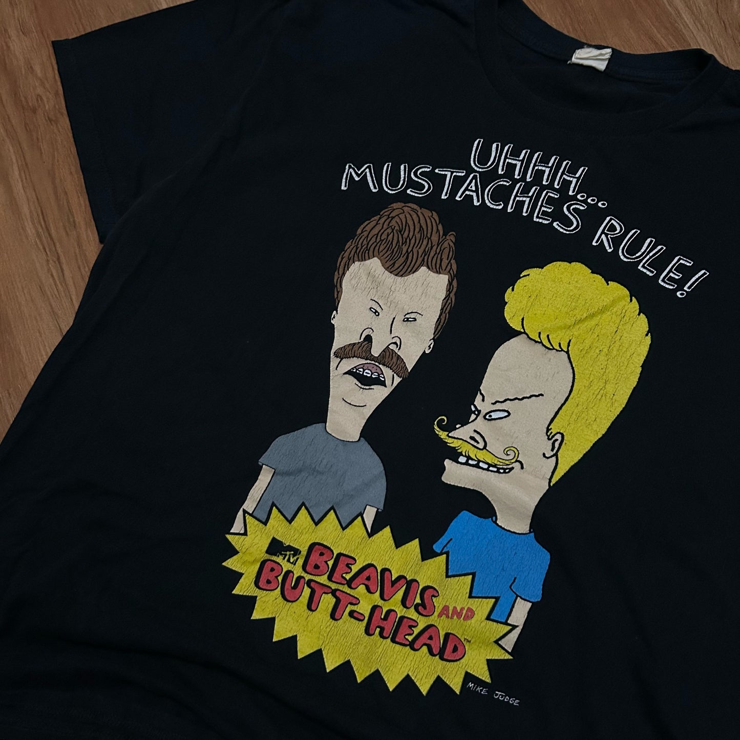 (M/L) Vintage Beavis and Butt-Head Mustaches Rule Black Graphic T-Shirt