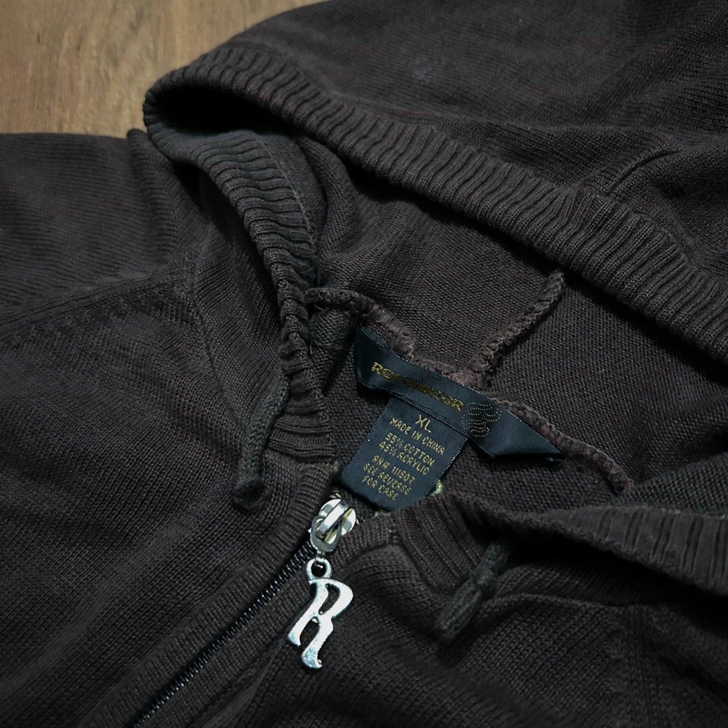 (Women XL) Vintage Y2K Rocawear Brown Knitted Full Zip Hoodie