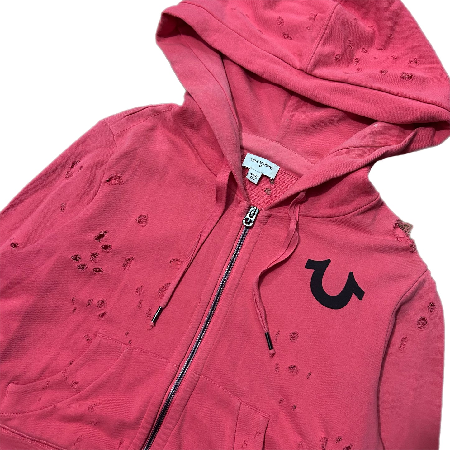 (XS) True Religion Pink Distressed Zip-Up Hoodie