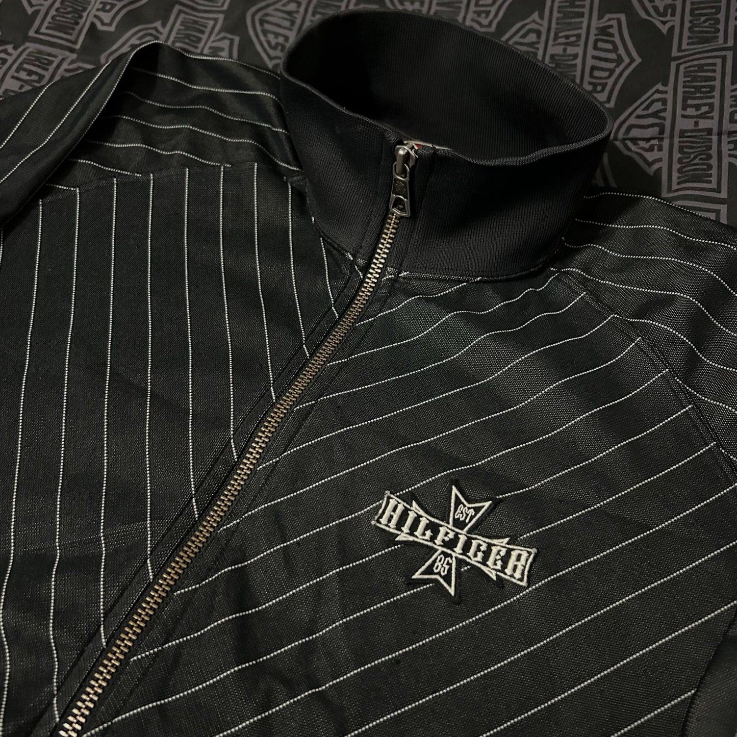 (L) Vintage Y2K Tommy Hilfiger Denim Red Label Pinstripe Gothic Track Jacket