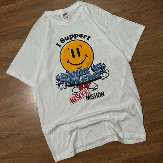 (L) Vintage Y2K I Support Smiley Graphic White T-Shirt