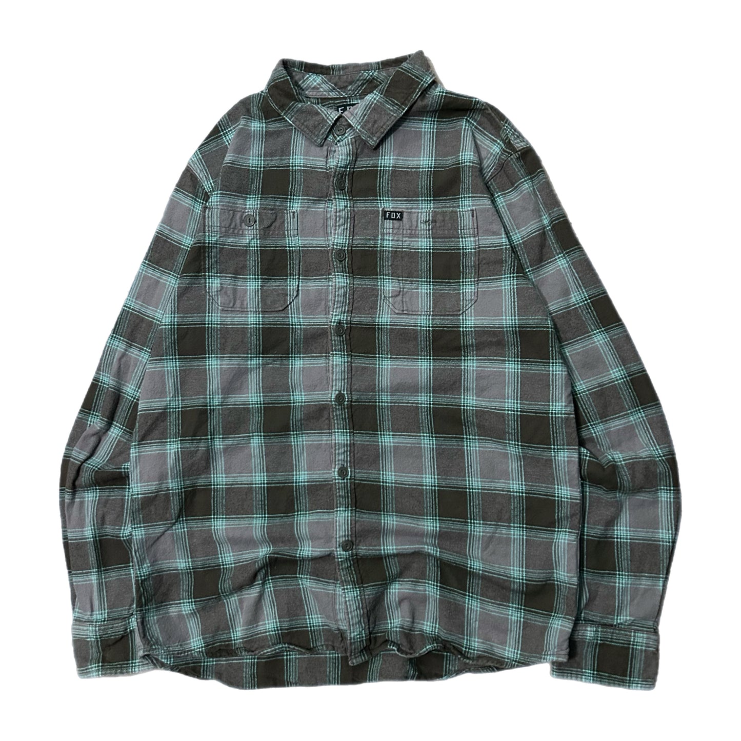 (M) Fox Racing Plaid Grey Teal Flannel Shirt