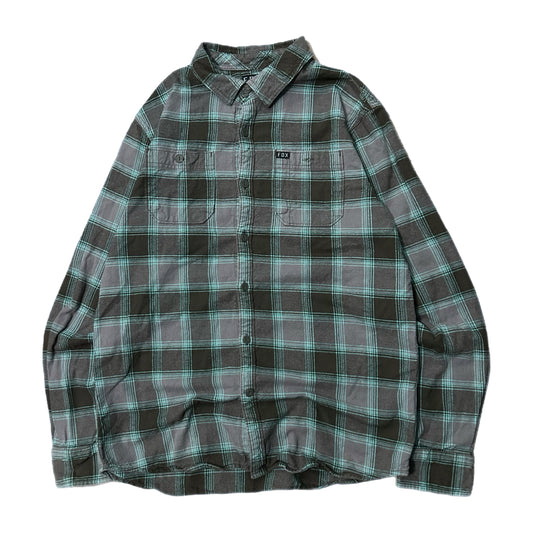 (M) Fox Racing Plaid Grey Teal Flannel Shirt
