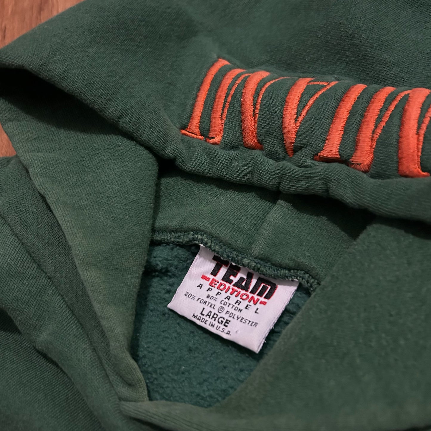 (L) Vintage 90s Miami Hurricanes Green Orange Embroidered Pullover Hoodie