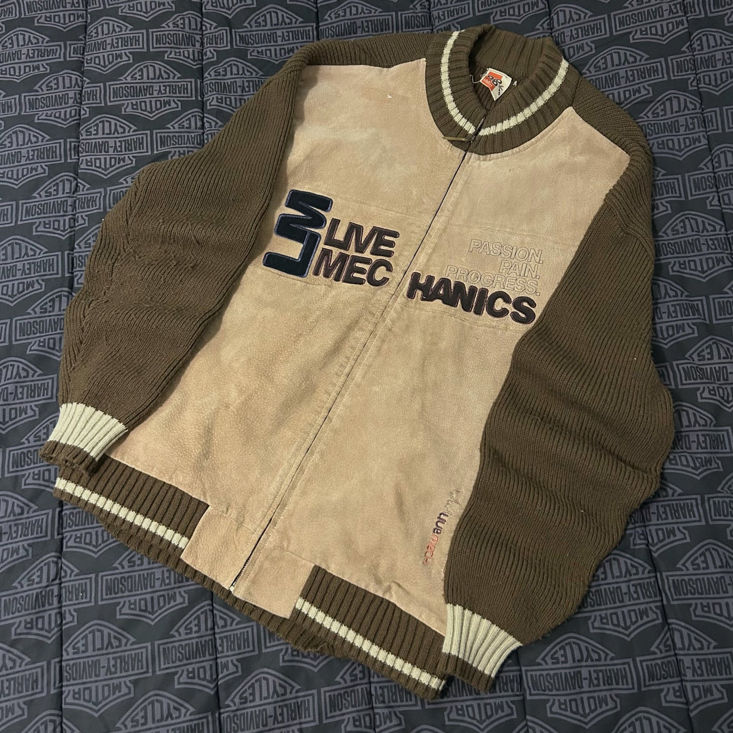 (L) Vintage Live Mechanics Suede Knitted Varisty Brown Bomber Jacket