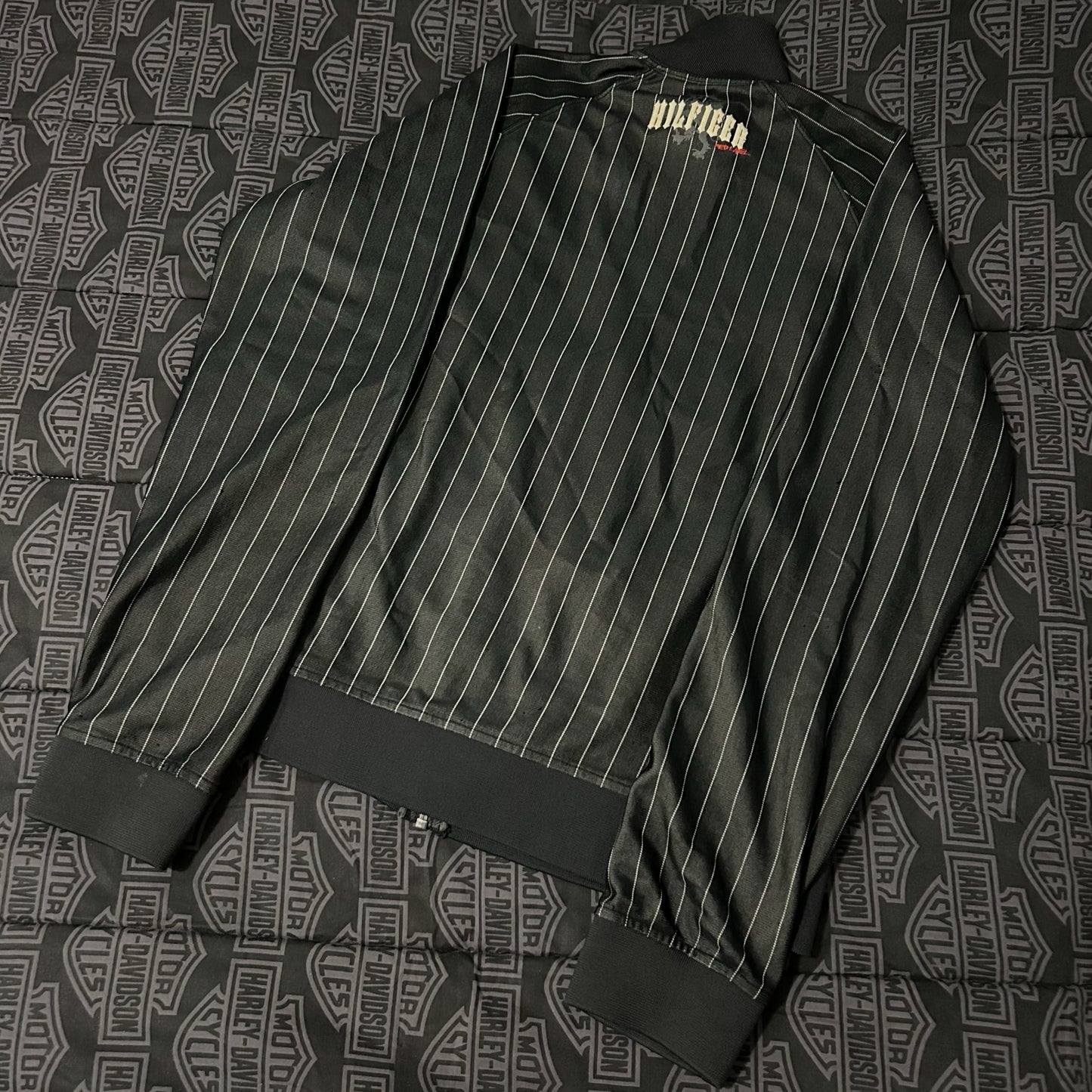 (L) Vintage Y2K Tommy Hilfiger Denim Red Label Pinstripe Gothic Track Jacket