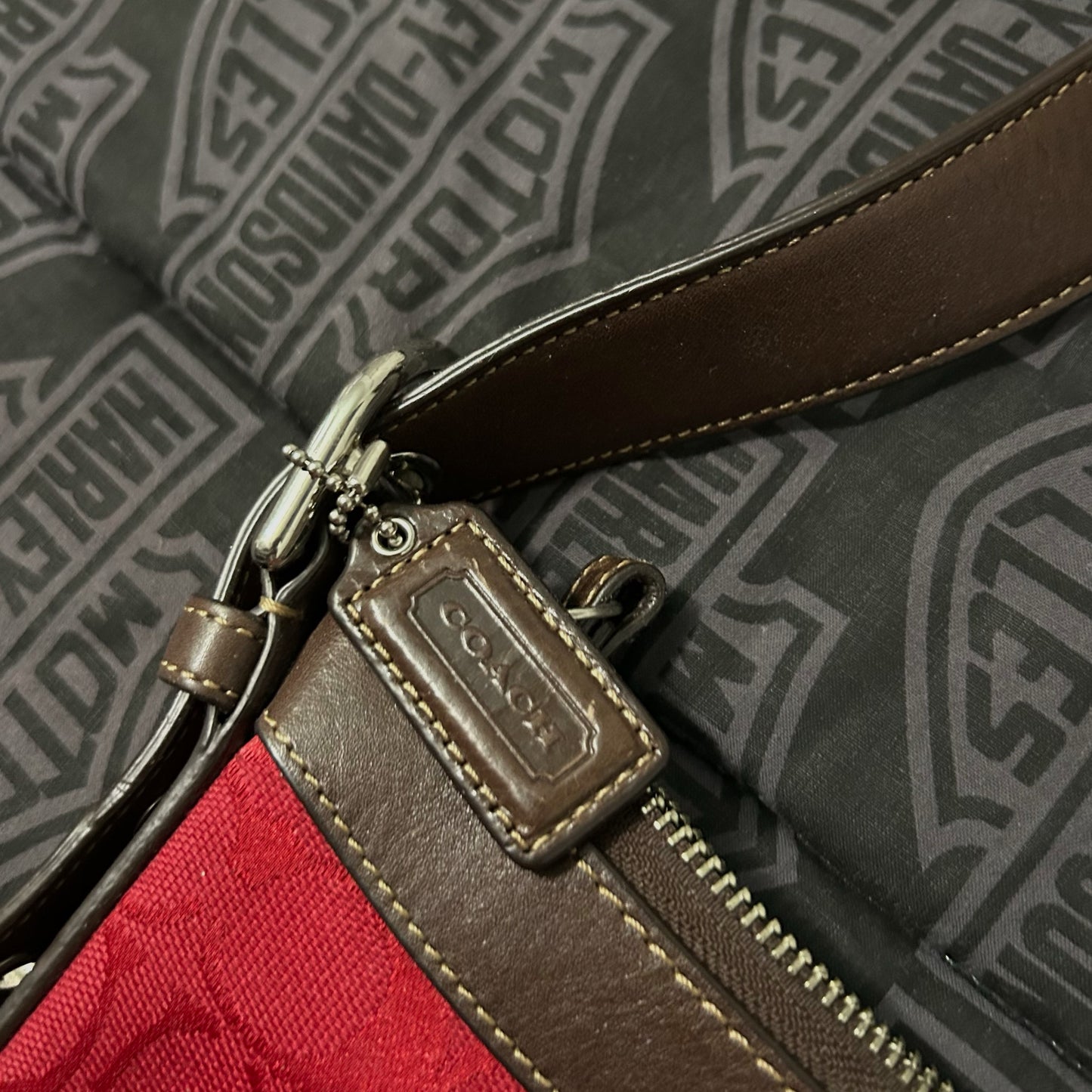 (OS) Coach Red Signature Jacquard File Crossbody Bag Brown Leather Trim
