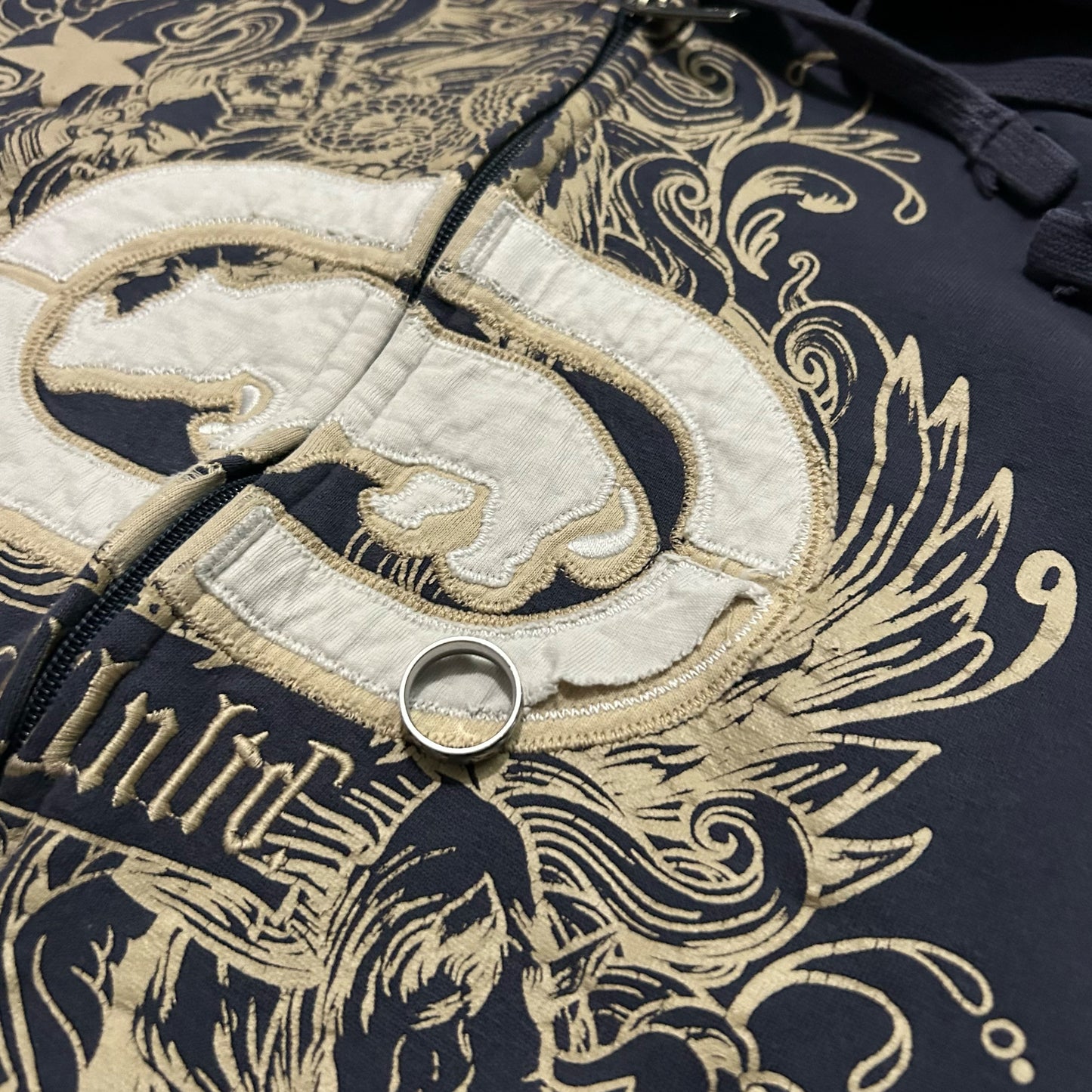 (L) Y2K Ecko Untld Embroidered Grunge Rhino Logo Navy Full Zip Hoodie