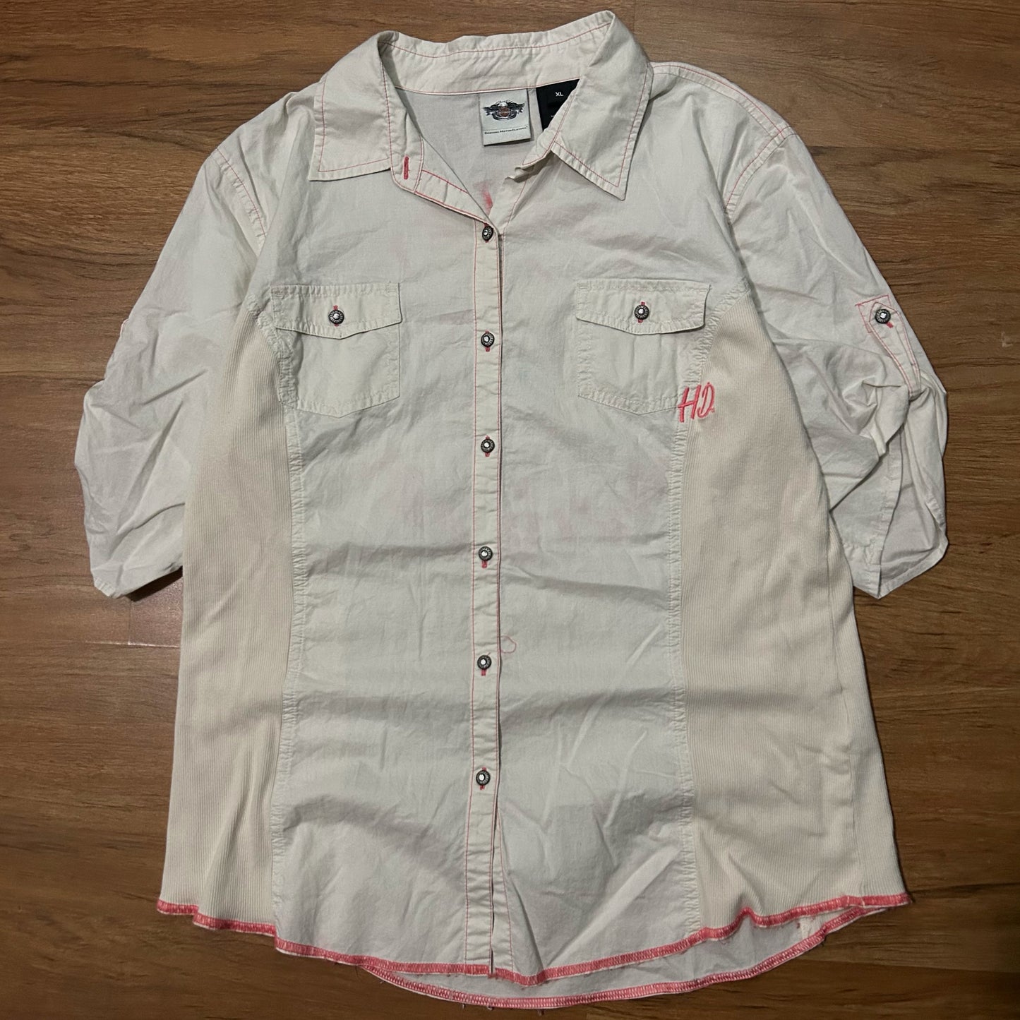 (Women's XL) Vintage Harley Davidson Spade Button-Up White Pink Shirt