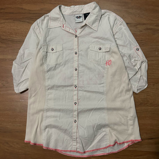 (Women's XL) Vintage Harley Davidson Spade Button-Up White Pink Shirt