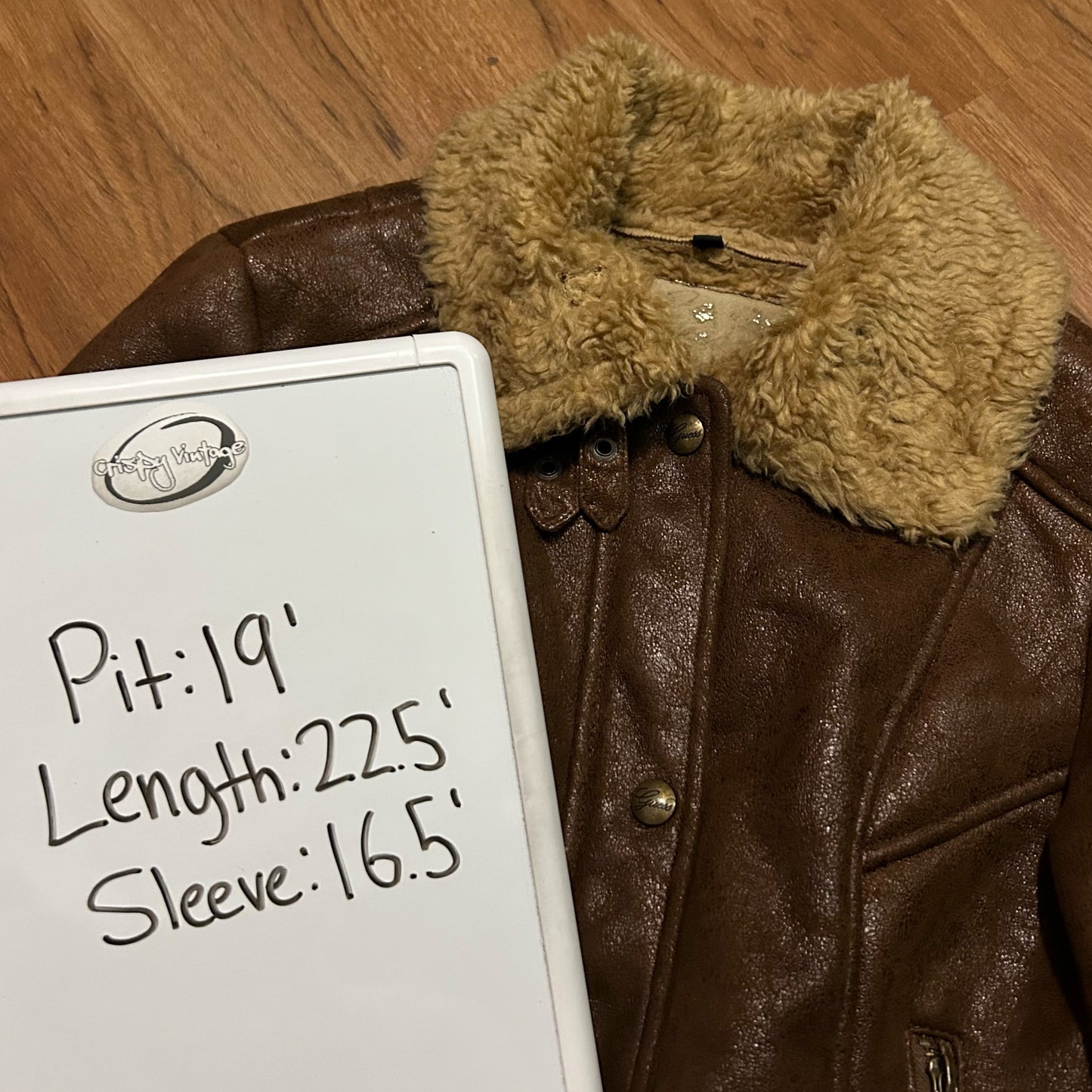 (Women M) Vintage Y2K Guess Brown Faux Leather Shearling Lined Aviator Jacket