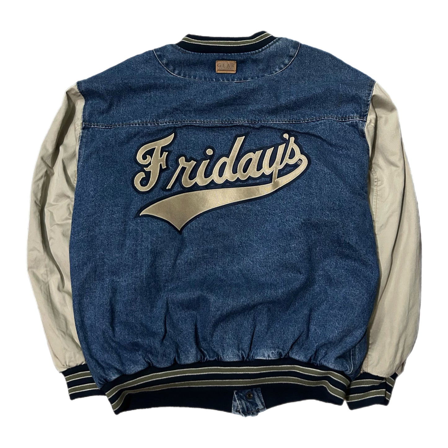 (XL) Vintage 90s Gear For Sports Denim Bomber Varisty Jacket 'Fridays'