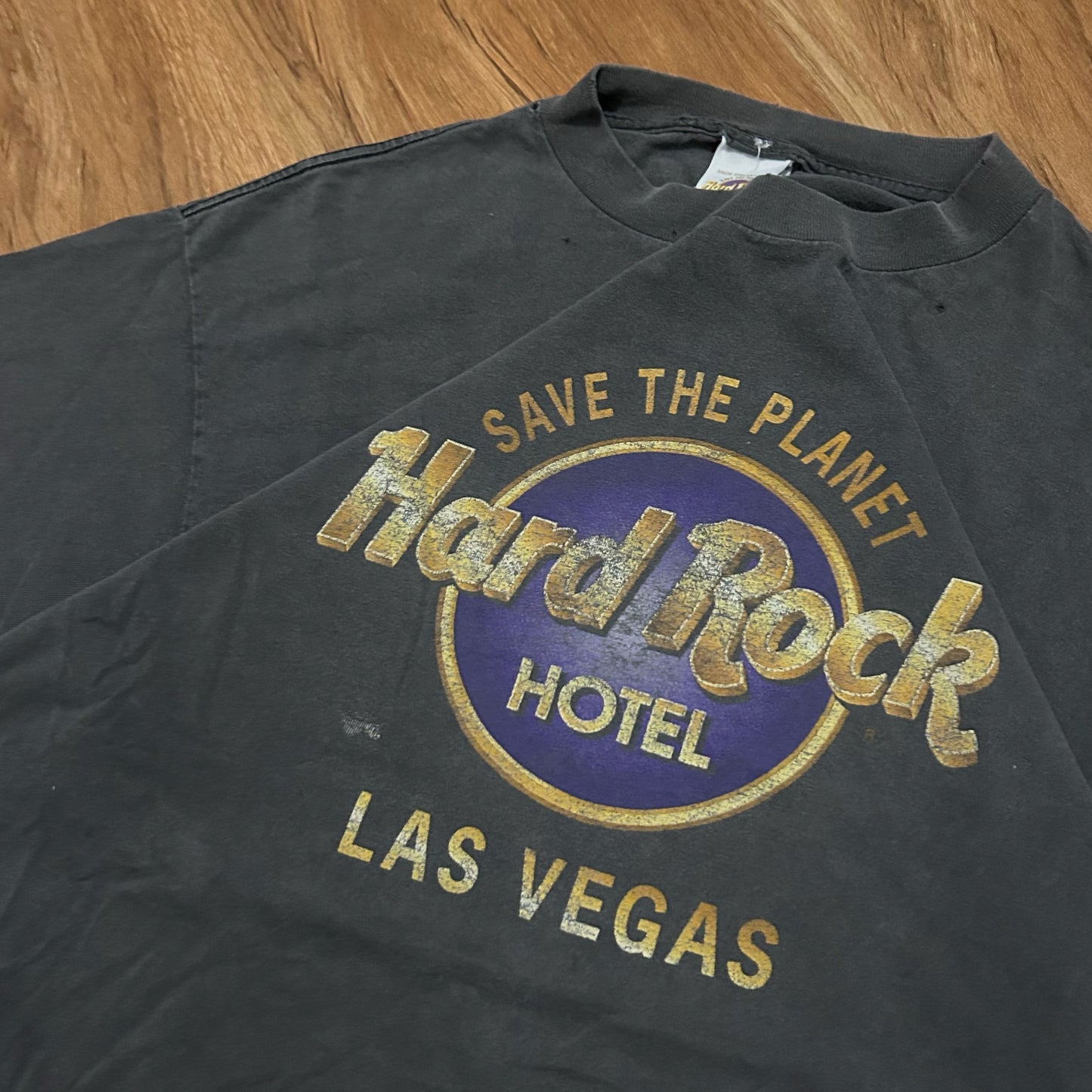 (L) Vintage 90s Hard Rock Hotel Laa Vegas "Save The Planet" Faded Black Graphic T-Shirt