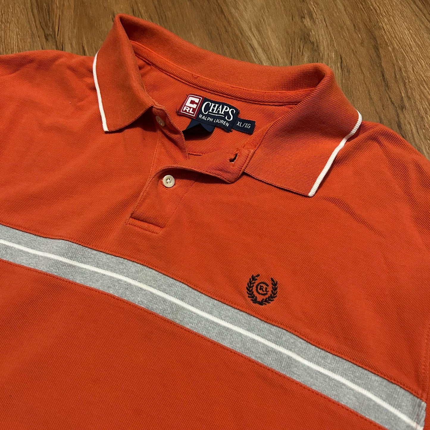(XL) Vintage Chaps Polo Ralph Lauren Orange Stripe Longsleeve Polo Shirt