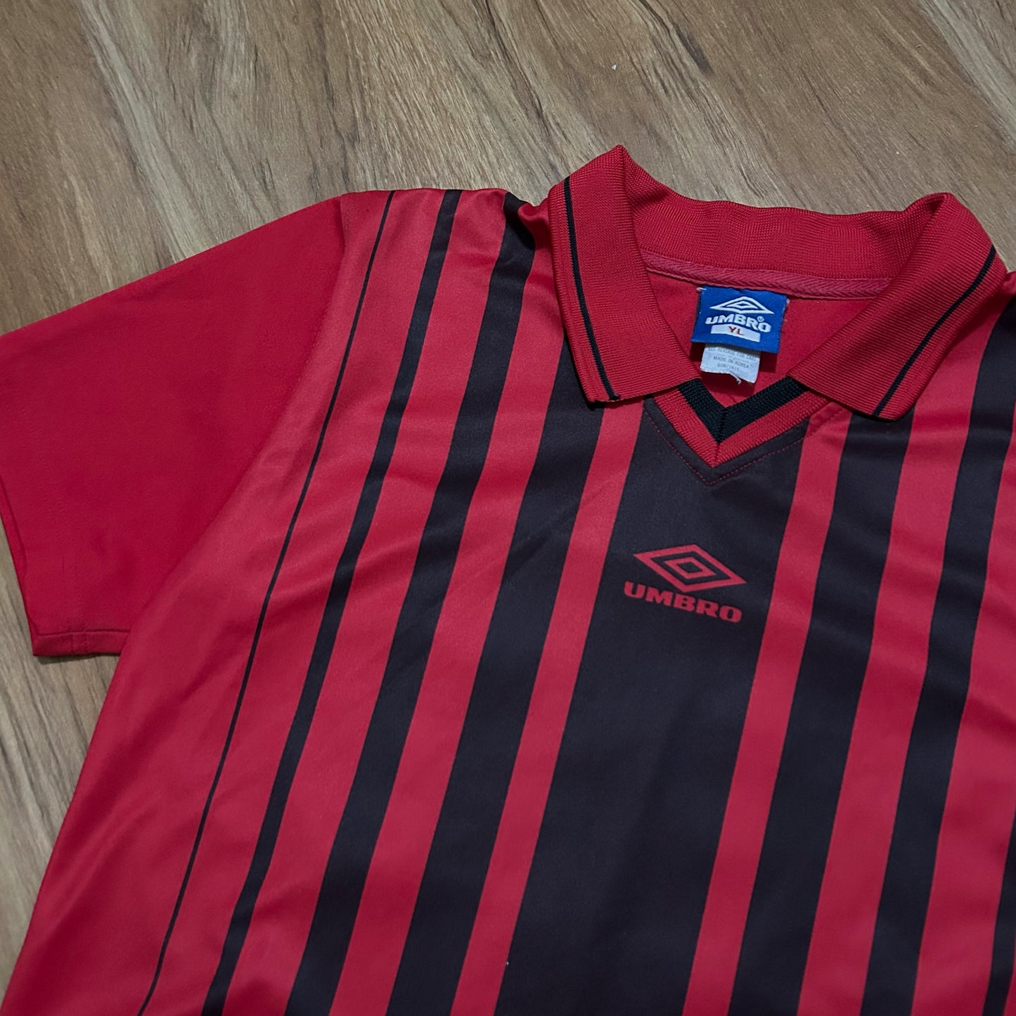 (Youth L) Vintage Umbro Striped Template Red Soccer Jersey