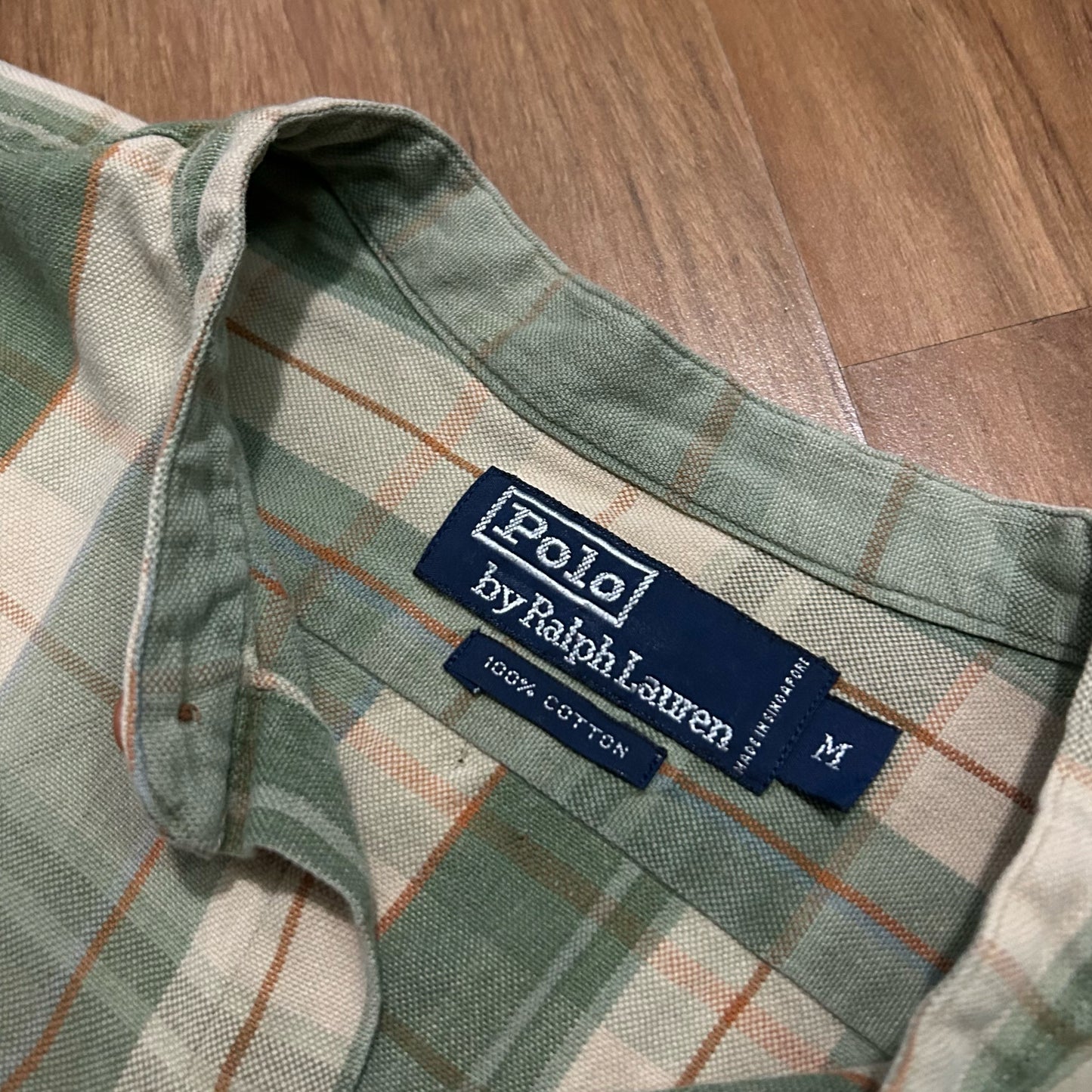 (M) Vintage 90s Polo Ralph Lauren Plaid Green Beige Button Up Shirt