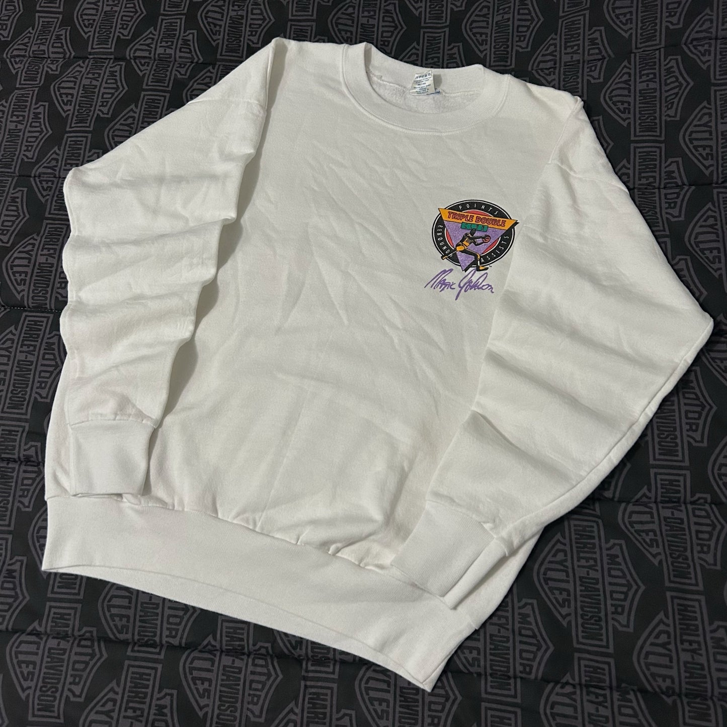 (XL) Vintage 90s Magic Johnson LA Lakers Triple Double Club White Pullover Crewneck