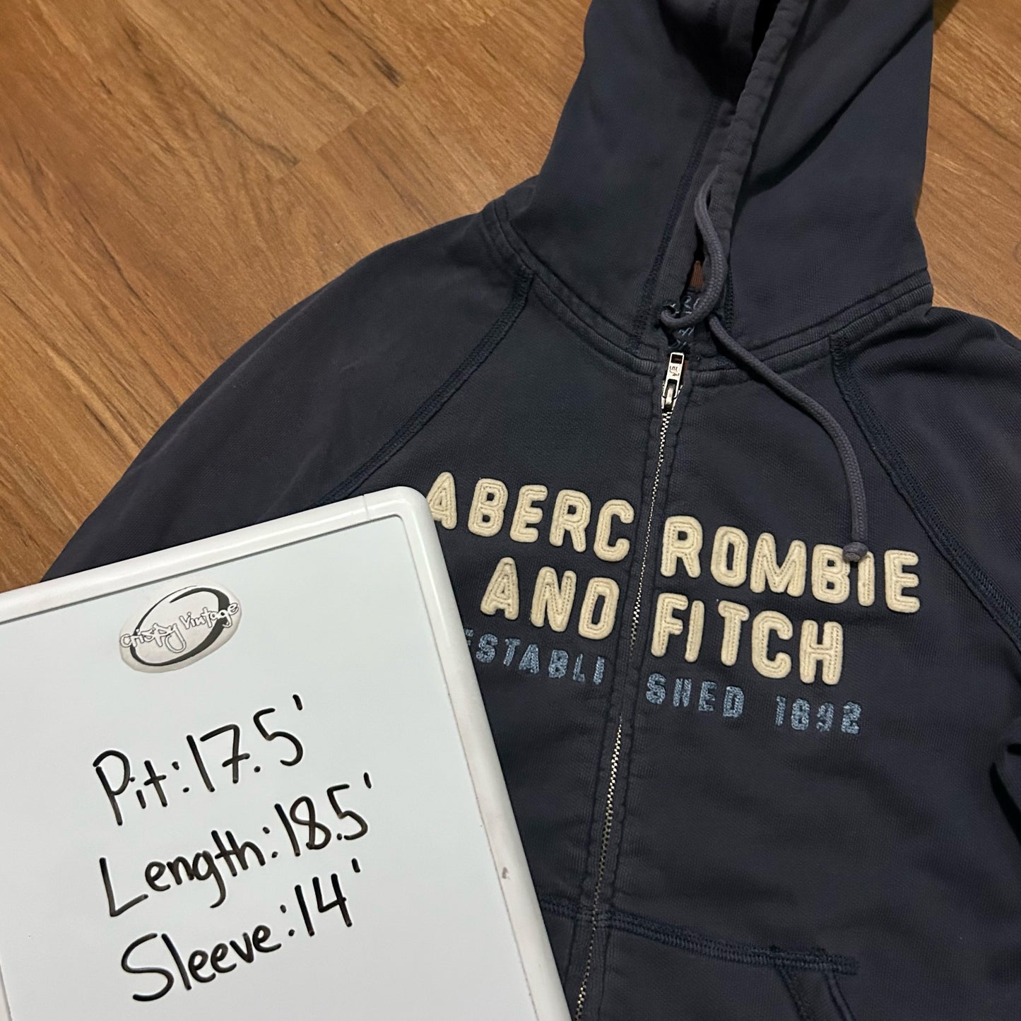 (Women M) Y2K Abercrombie & Fitch Embroidered Navy Full Zip Hoodie