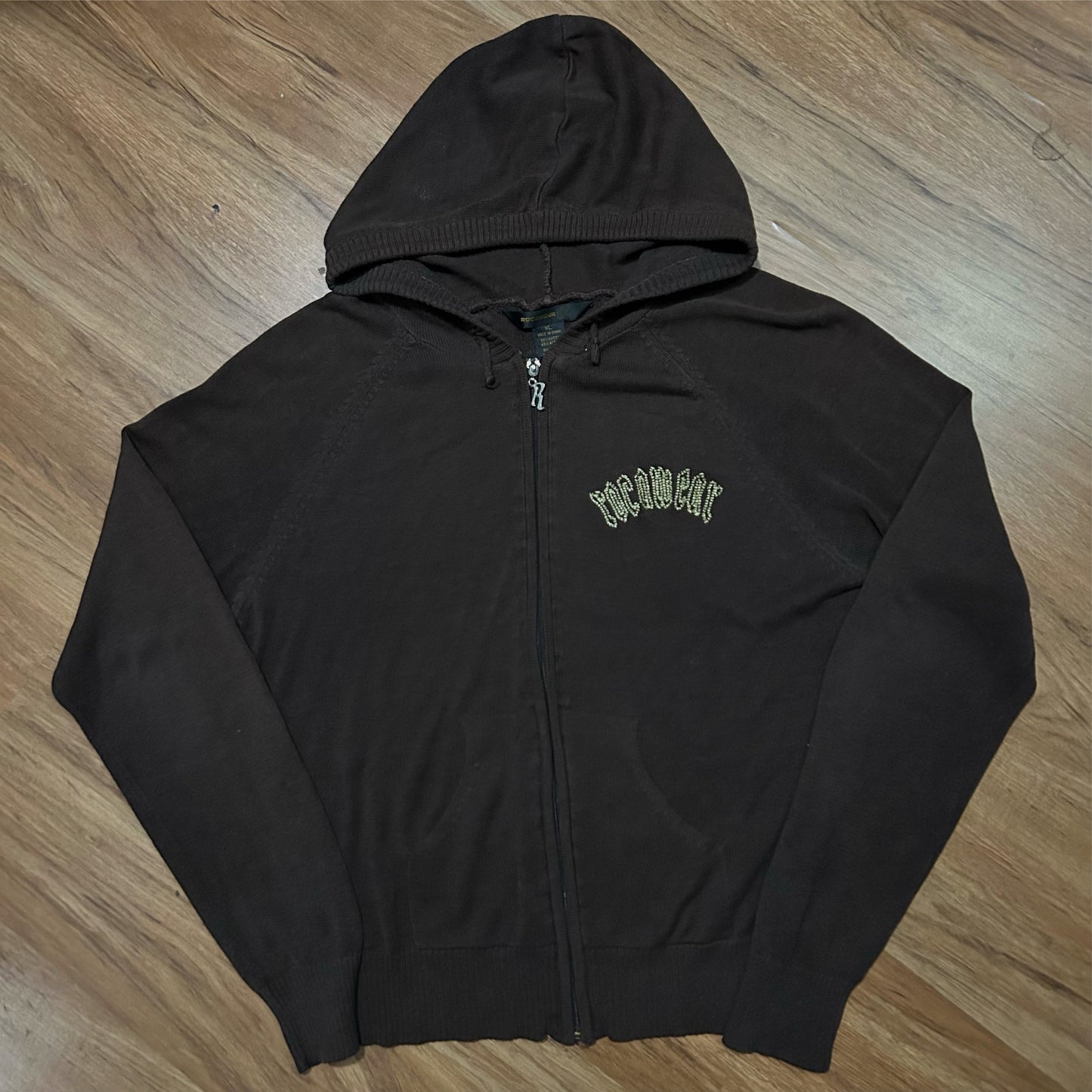 (Women XL) Vintage Y2K Rocawear Brown Knitted Full Zip Hoodie