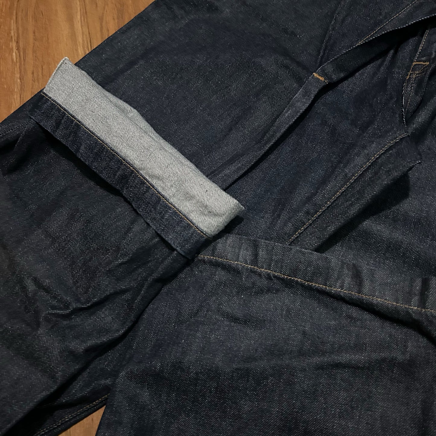 (28) Johnathan Simkai Coated Indigo Denim Baggy Wide Leg Jeans