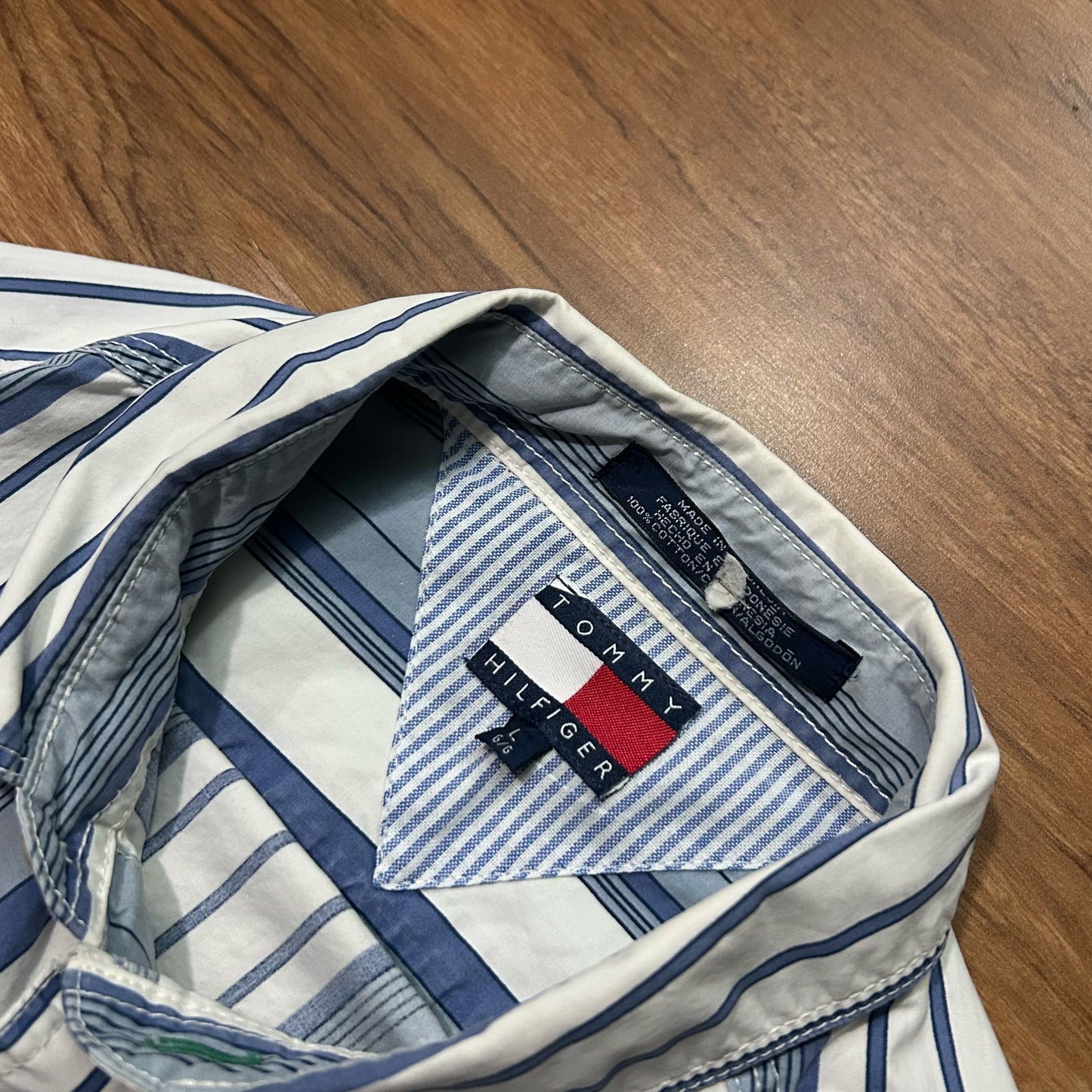 (L) Vintage Tommy Hilfiger Pinstripe Baby Blue White Long-Sleeve Button Shirt