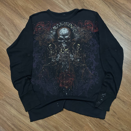 (S/M) Vintage Miami Ink Y2K Skull and Rose Graphic Thermal Longsleeve Shirt