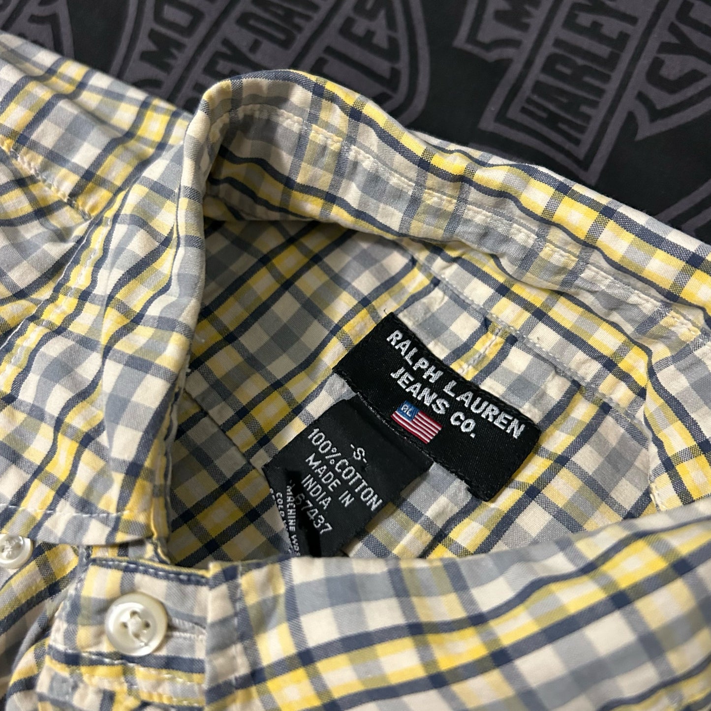 (S) Vintage Ralph Lauren Jeans Company Yellow Grey Plaid Short Sleeve Button-Up Shirt