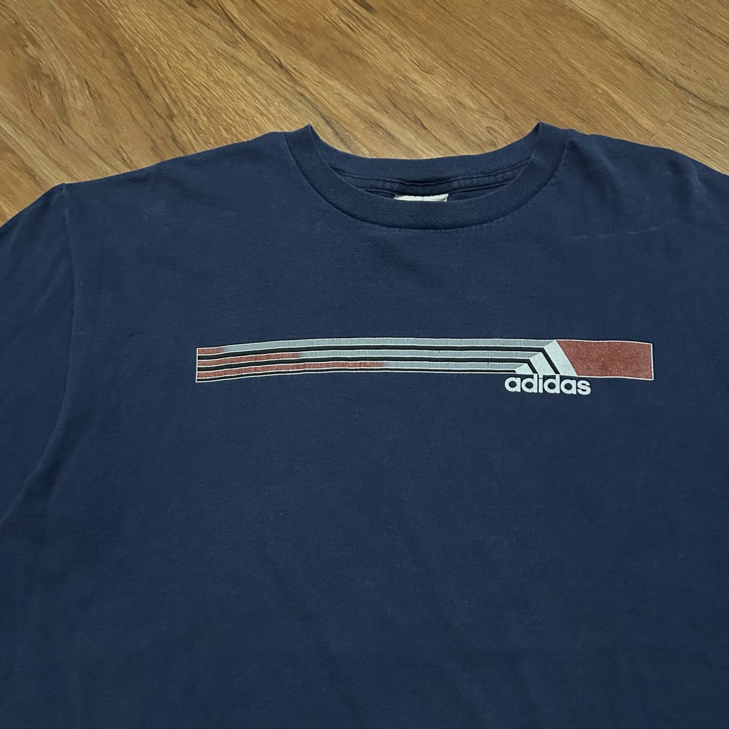 (L) Retro Y2K Adidas Navy Stripe Graphic T-Shirt