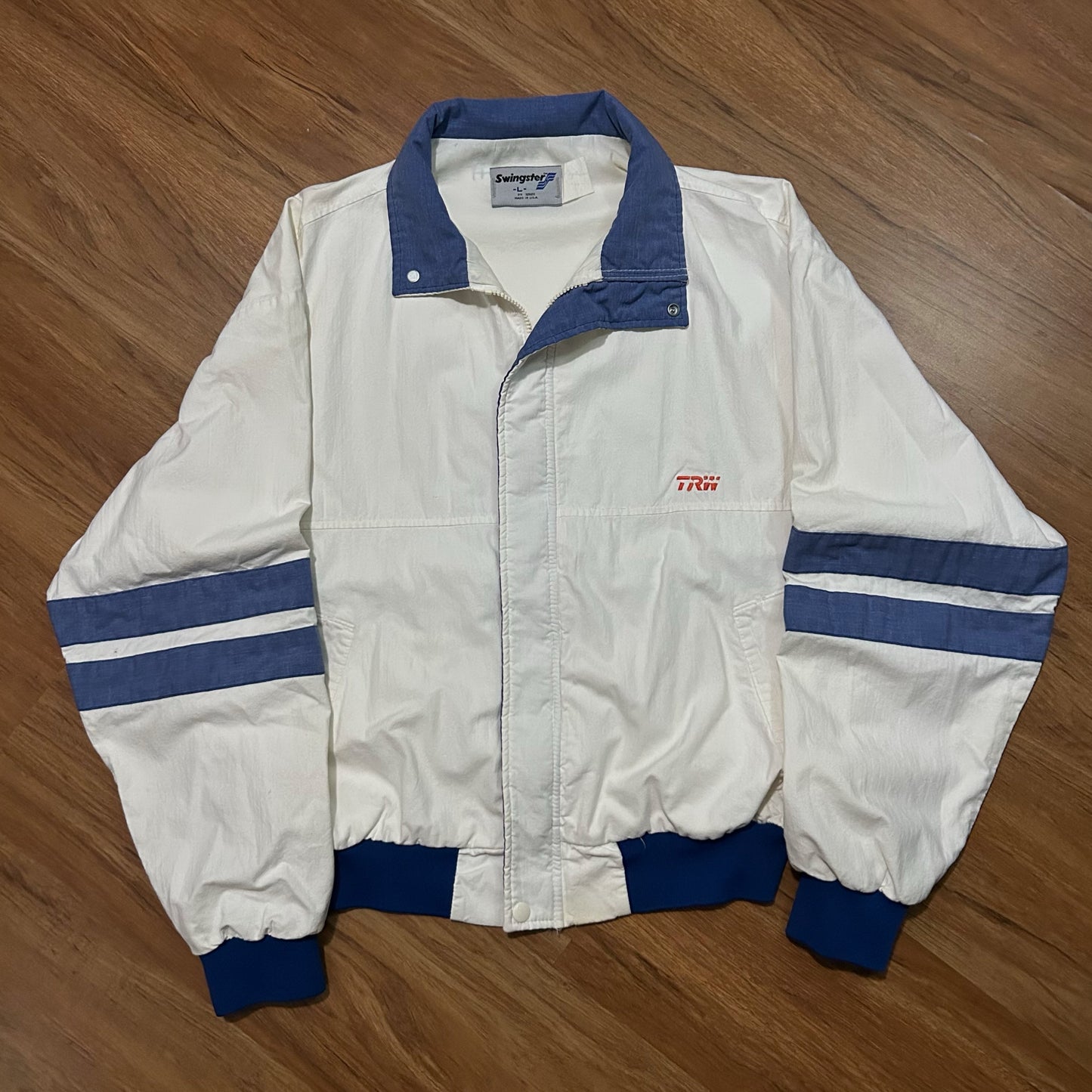 (L) Vintage 90s Swingster TRW Corporate Logo Full Zip Bomber Made in USA Jacket