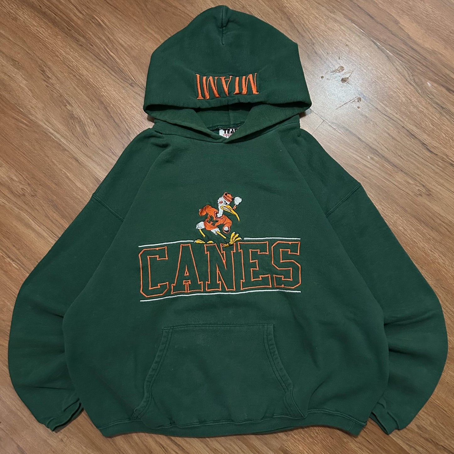 (L) Vintage 90s Miami Hurricanes Green Orange Embroidered Pullover Hoodie