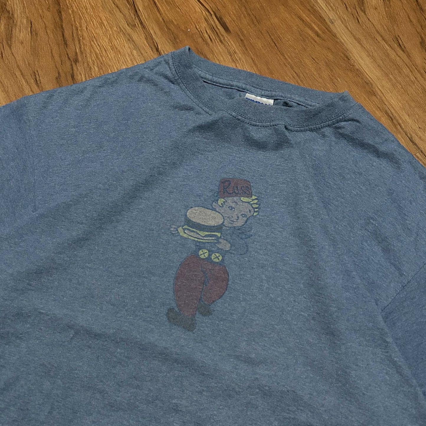 (L) Vintage Russ Skateboard Cartoon Character Blue Graphic T-Shirt