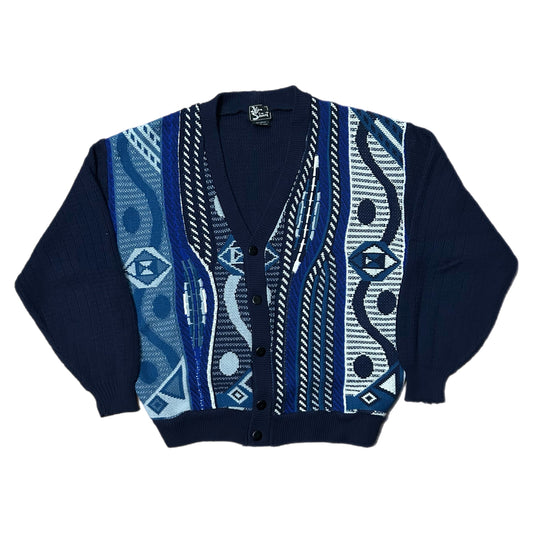 (L) Vintage 90s Alan Stuart 3D Knitted Blue Cardigan