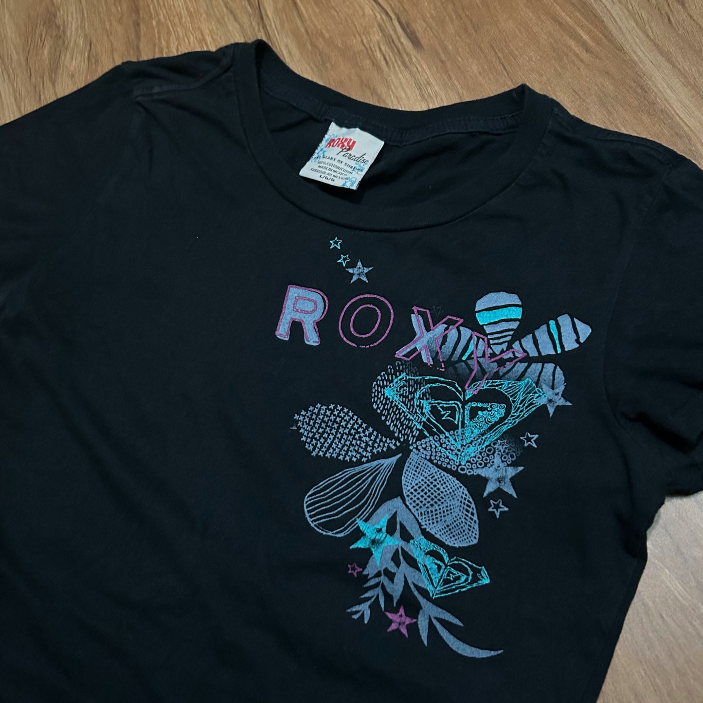 (Women L) Vintage 2000s Roxy Black Graphic T-Shirt
