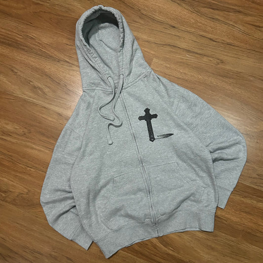 (M) Y2K Cross Knife Grey Zip-Up Hoodie