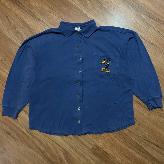 (M) Vintage 90s Warner Bros Looney Tunes Embroidered Blue Button-Up Shirt