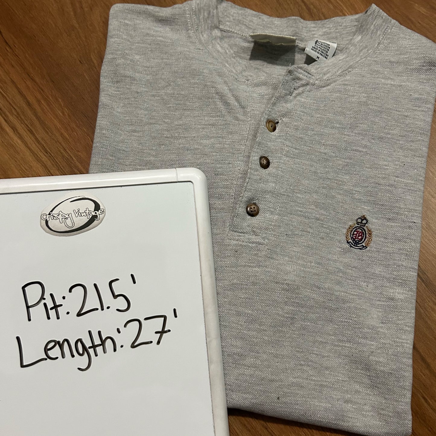 (M) Vintage 90s Bugle Boy Company Grey Longsleeve Embroidered Crest Henley Shirt