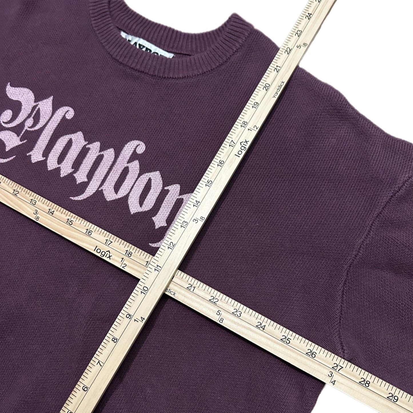 (M) Playboy X Pacsun Women's Knitted Spellout Purple Pullover Crewneck