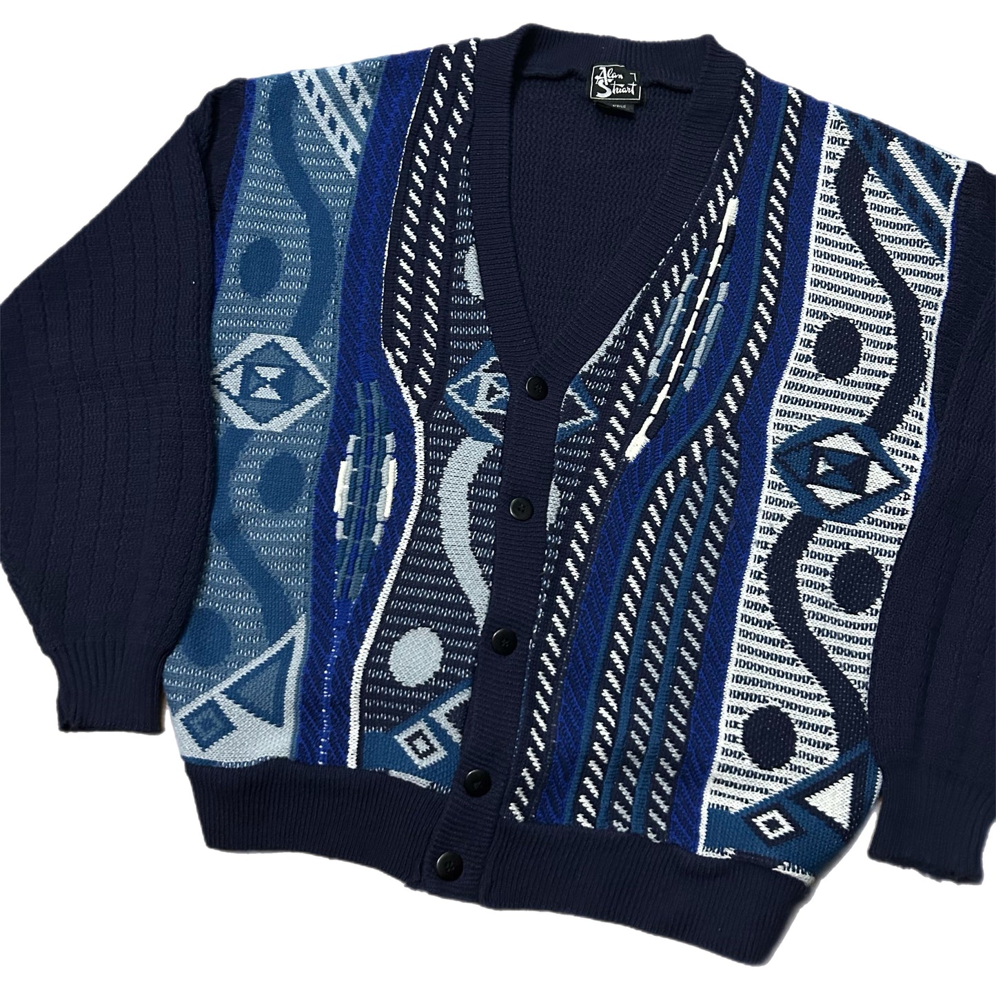 (L) Vintage 90s Alan Stuart 3D Knitted Blue Cardigan