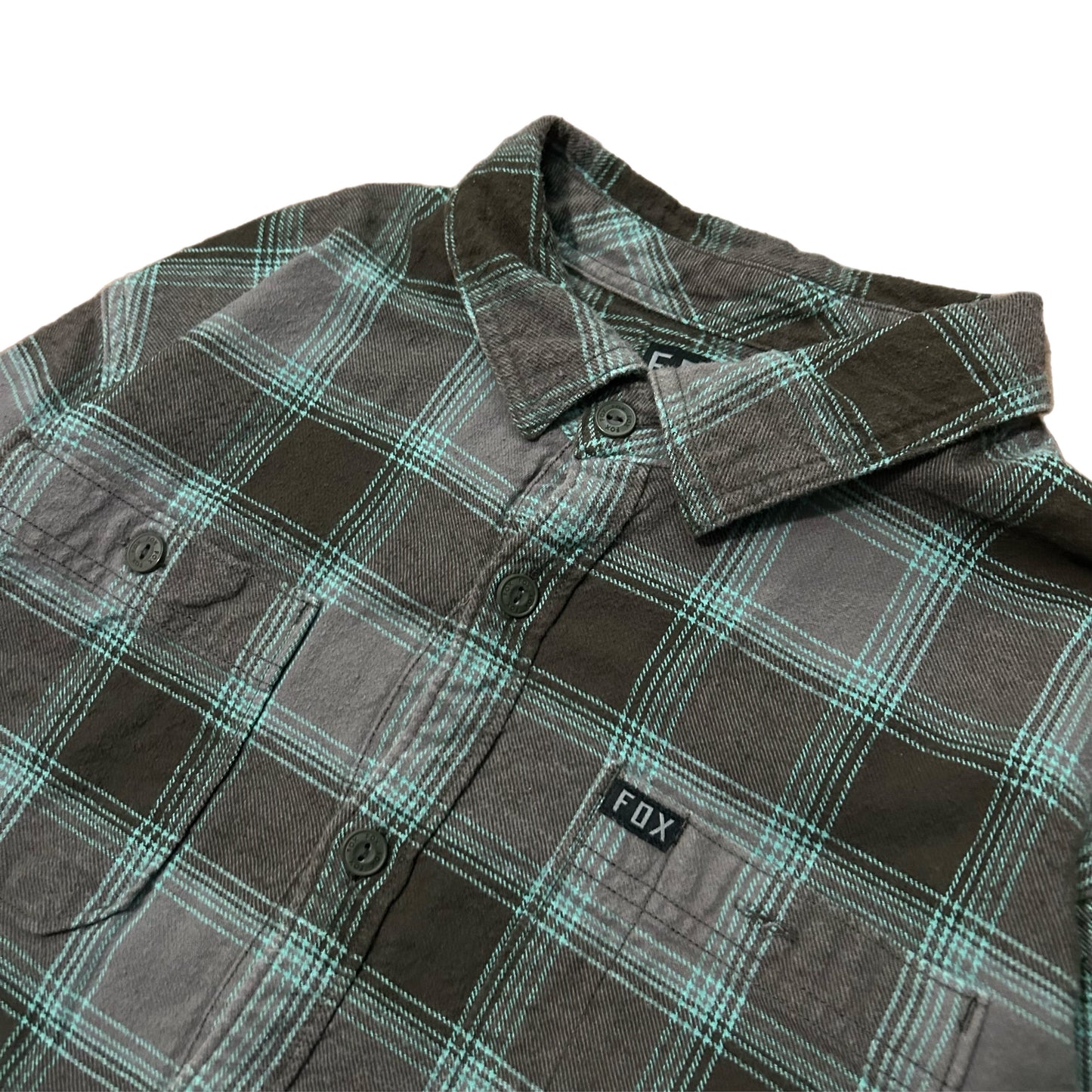 (M) Fox Racing Plaid Grey Teal Flannel Shirt