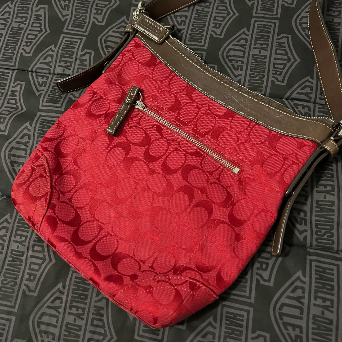 (OS) Coach Red Signature Jacquard File Crossbody Bag Brown Leather Trim