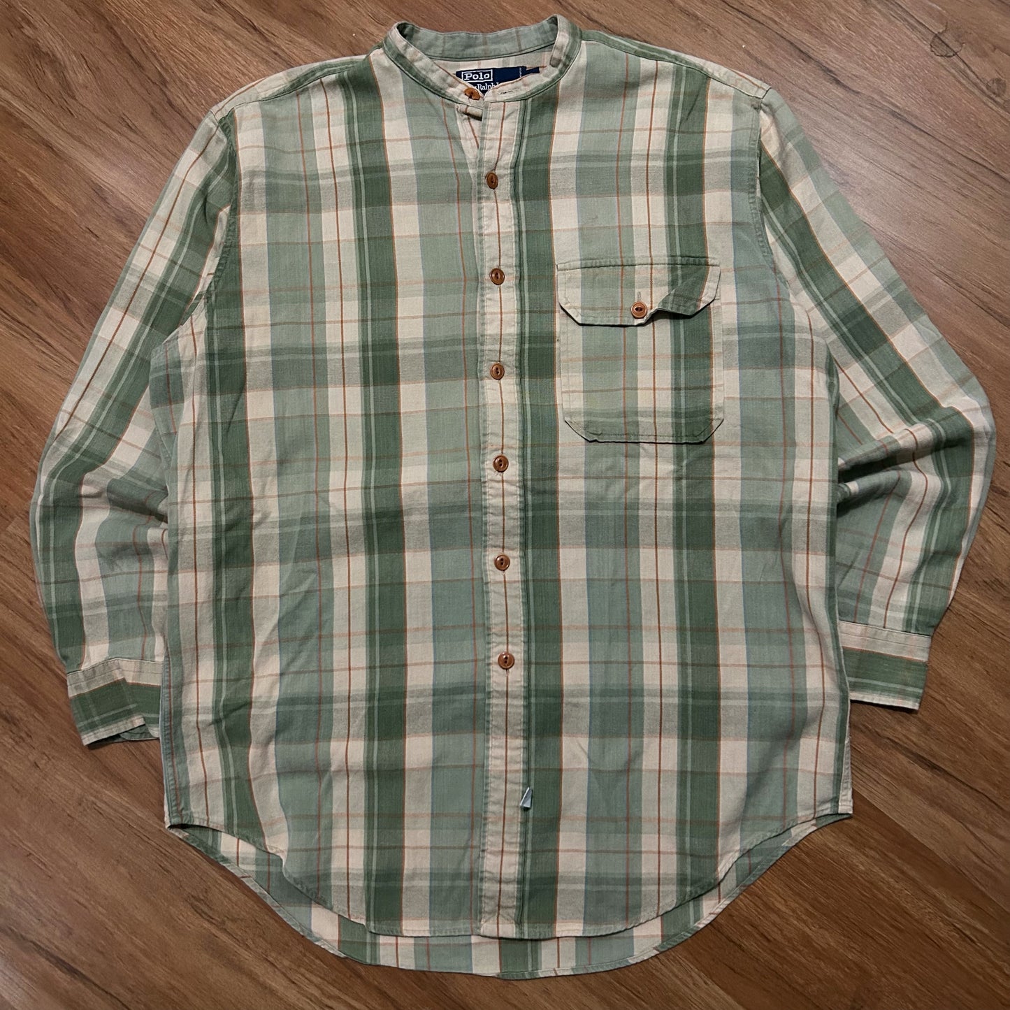 (M) Vintage 90s Polo Ralph Lauren Plaid Green Beige Button Up Shirt