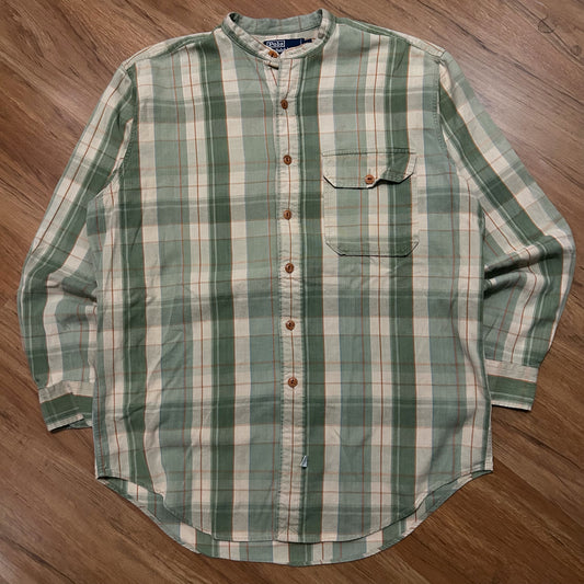 (M) Vintage 90s Polo Ralph Lauren Plaid Green Beige Button Up Shirt