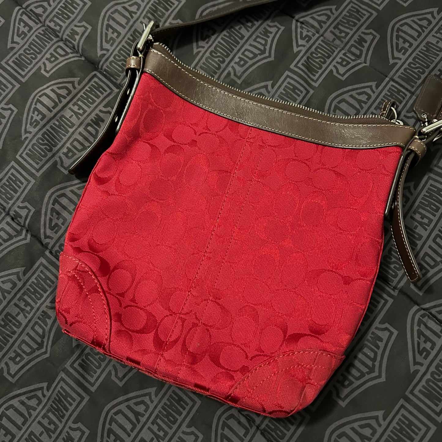 (OS) Coach Red Signature Jacquard File Crossbody Bag Brown Leather Trim