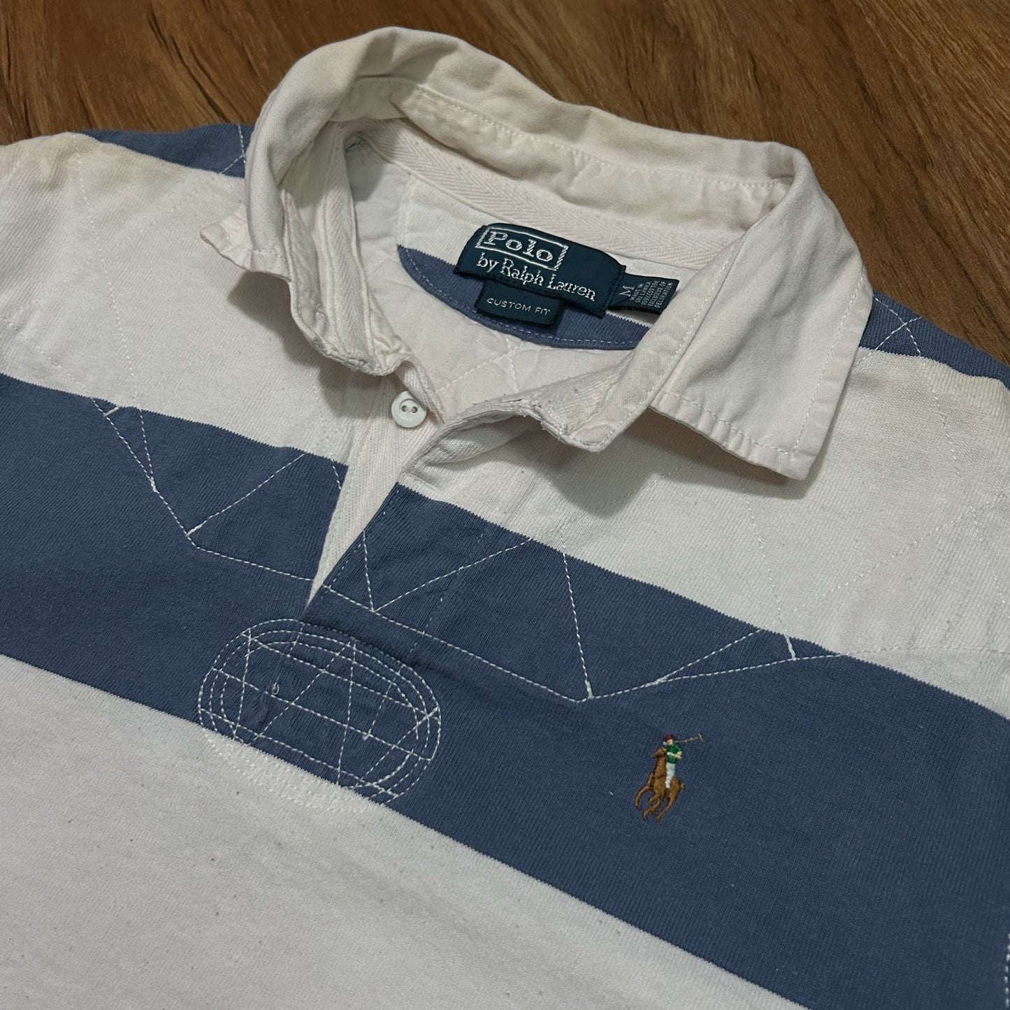 (M) Vintage 90s Polo Ralph Lauren Blue White Striped Polo Shirt