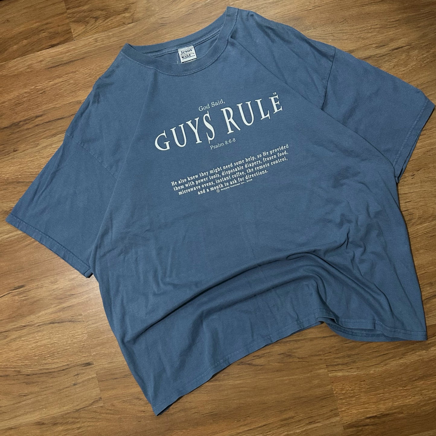 (XXL) Vintage 2000s Guys Rule Prayer Blue T-Shirt