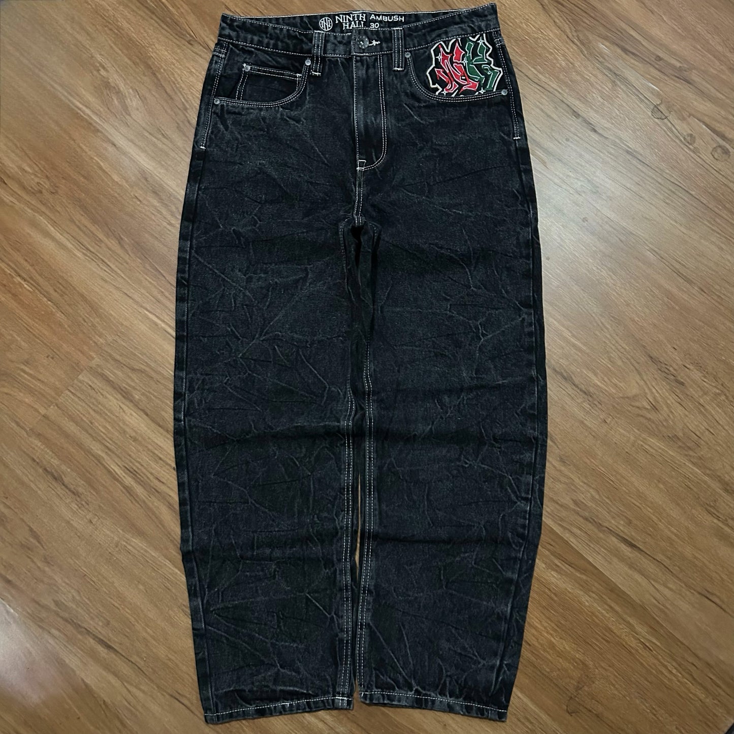 (30) Ninth Hall Ambush Embroidered Baggy Black Denim Jeans