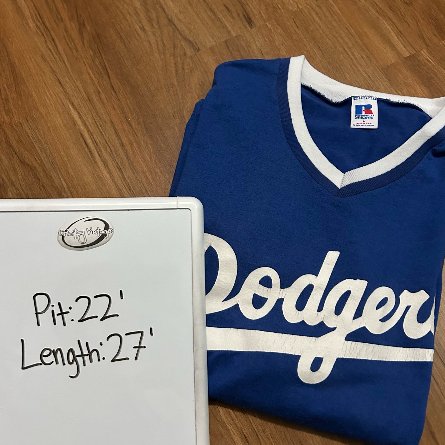 (L) Vintage 90s Russell Athletic Los Angeles Dodgers V-Neck Ringer Blue Jersey Shirt